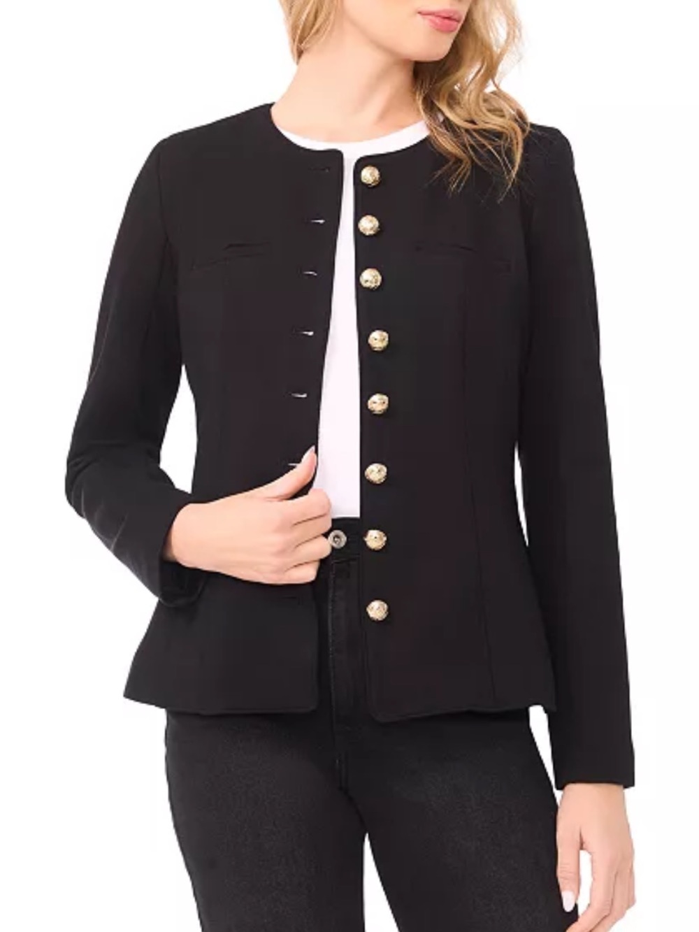 Cece Crew Neck Long-Sleeve Ponte Jacket Blazer Gold button detail Size 14 New